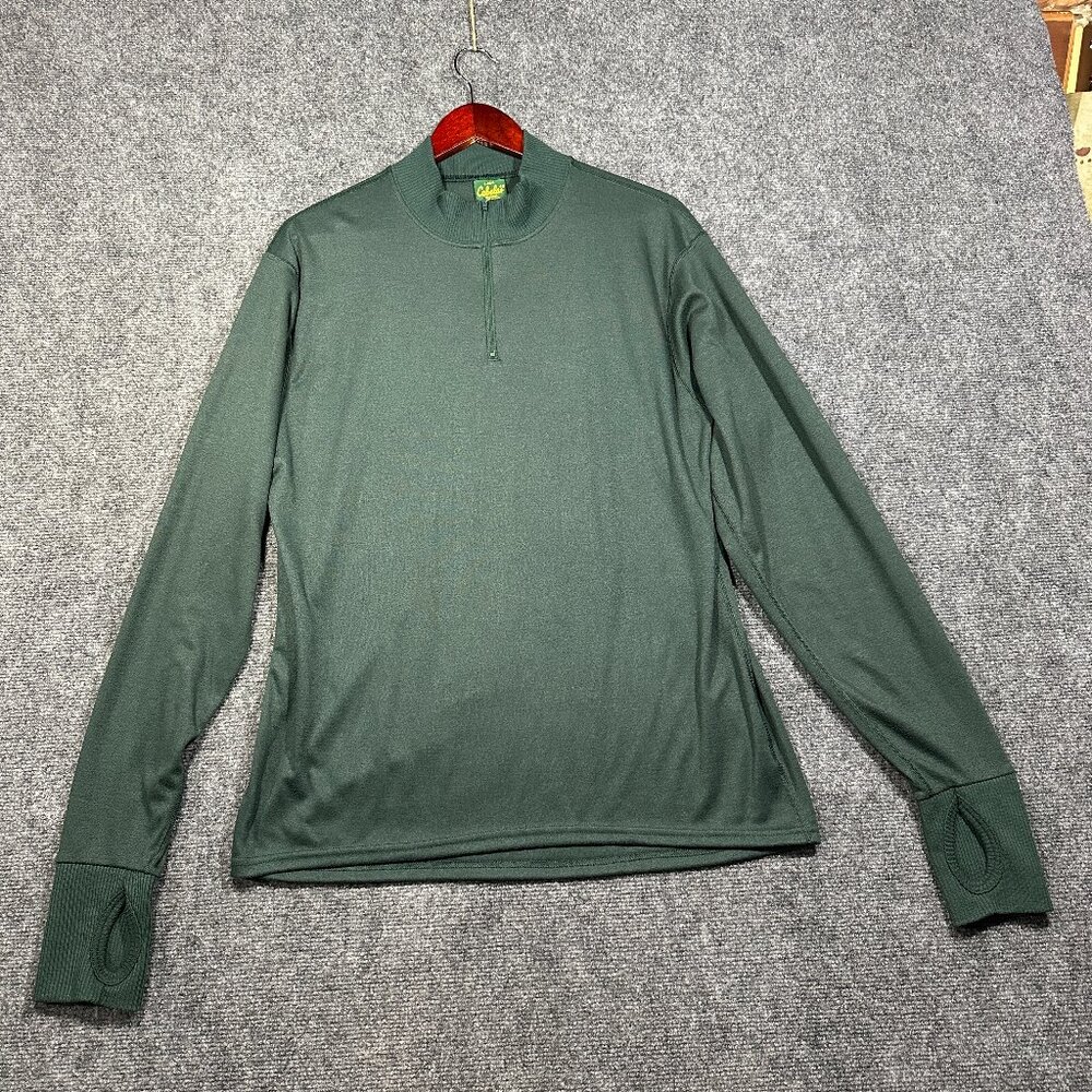Cabelas Pullover Top Mens Large  1/4 Zip Green Knit Thumb Holes Ribbed Cuffs